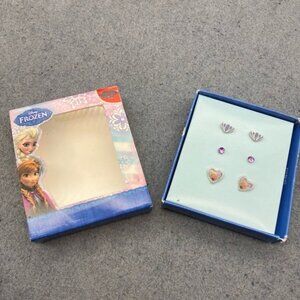 Disney Frozen Stud Earring Set Box 3 Pair Heart Crown Gem Kids Pink Purple Glam